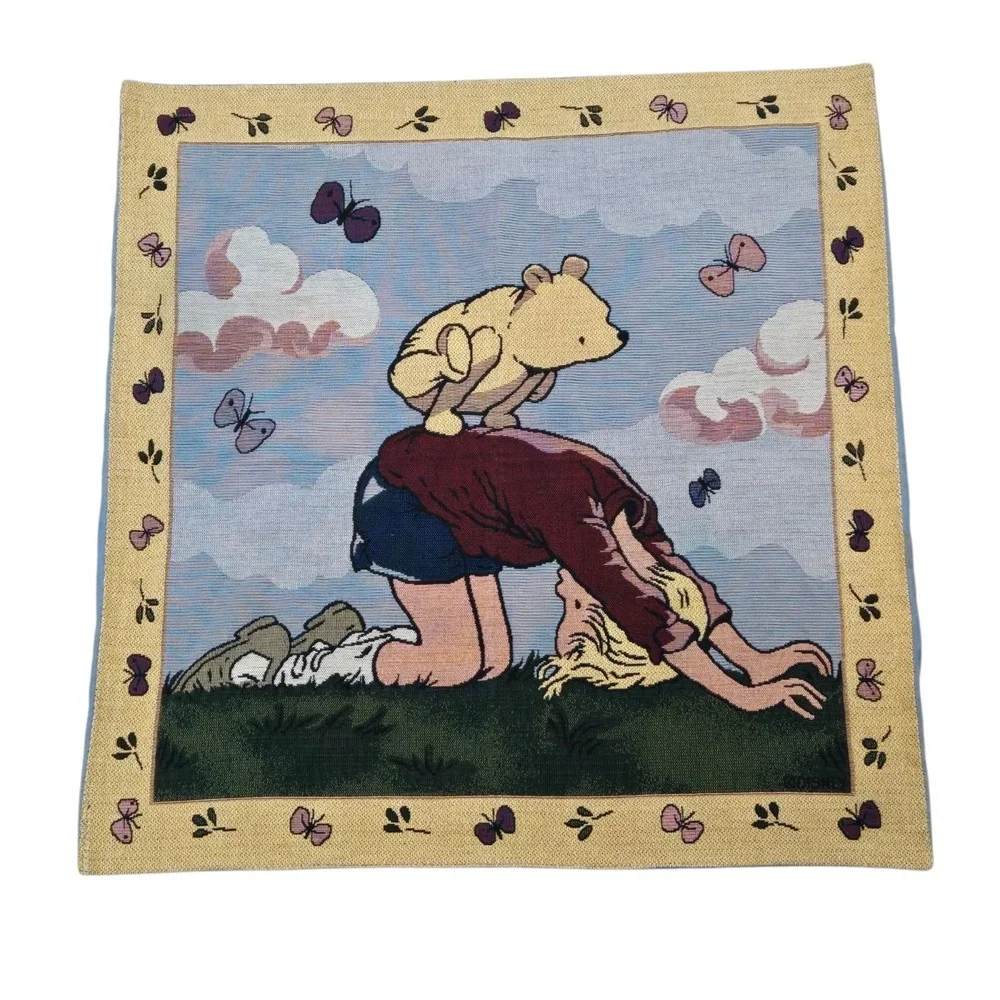 Vtg 80s Disney Winnie the Pooh & Christopher Robin Leap Frog Wall Tapestry READ